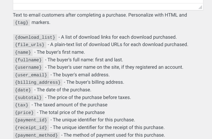 Some of the HTML tags for email purchase receipts.