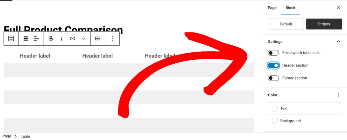 The WordPress Table block settings.