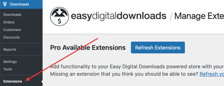 The EDD extensions screen in WordPress. 