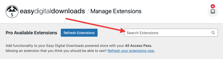 The search EDD extensions field in WordPress. 