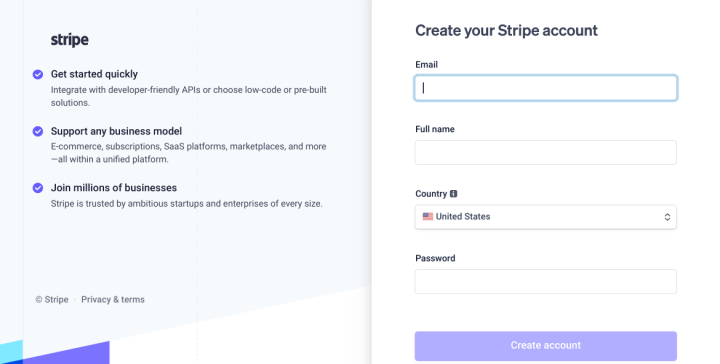 The screen to create a Stripe account.