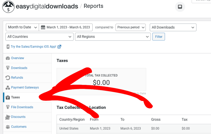 The Taxes report dashboard in Easy Digital Doiwnloads.