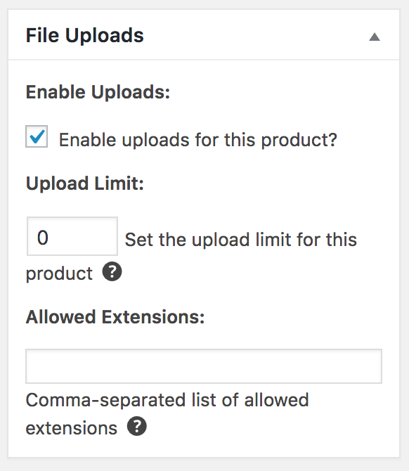 The File Uploads settings box for a page to sell file editing services in WordPress.