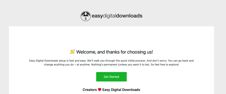 The Easy Digital Downloads onboarding wizard.