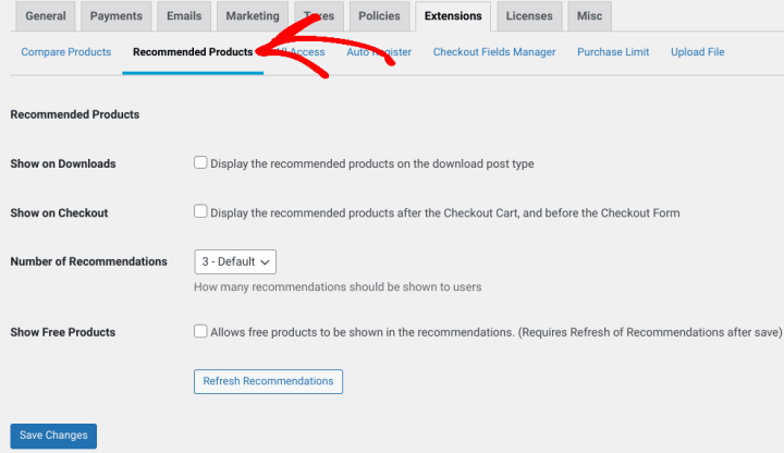 The EDD Recommended Products extension settings in WordPress.