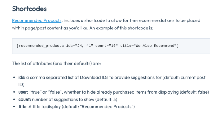 The shortcodes example for recommending products to customers in EDD.
