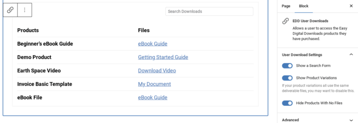 The EDD user Downloads block settings.