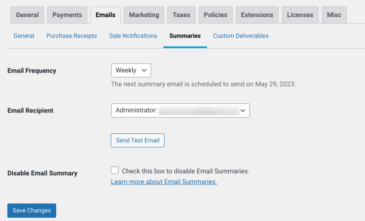 The Summaries settings tab in EDD email settings. 