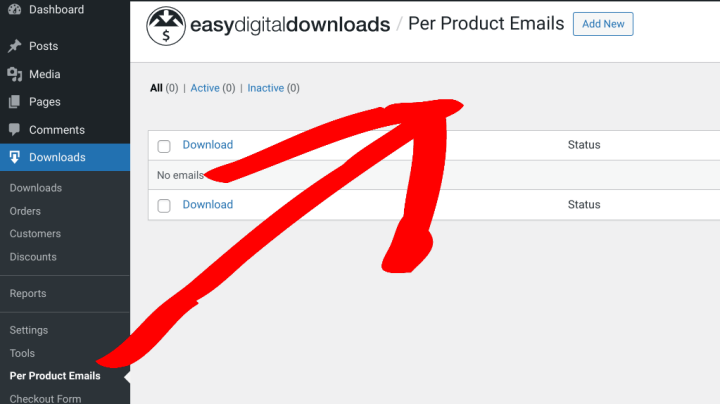 The EDD Per Product Emails menu item in WordPress. 