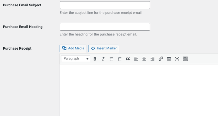 The fields to customize the EDD automated eCommerce emails.
