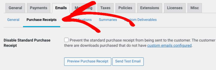 The EDD Purchase Receipts settings tab.