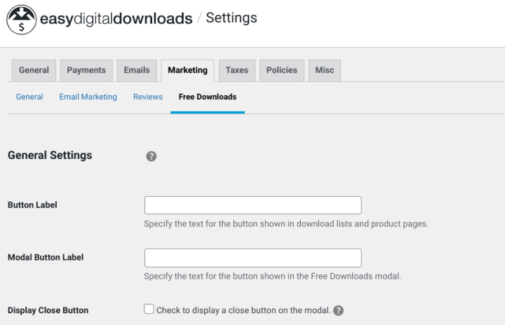 Settings to create lead magnets in WordPress with EDD Free Downloads.