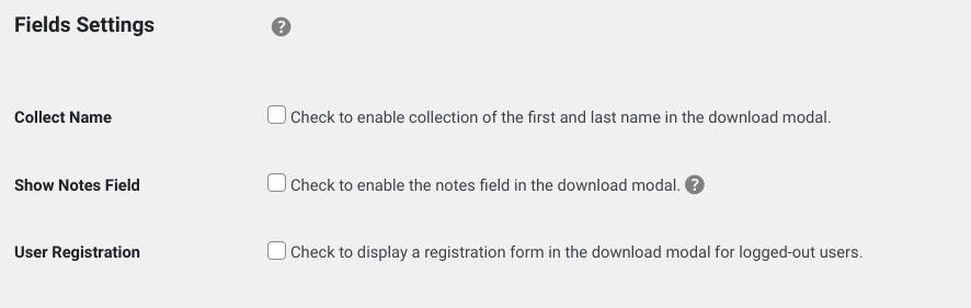 The Field Settings section of the EDD Free Downloads extension. 