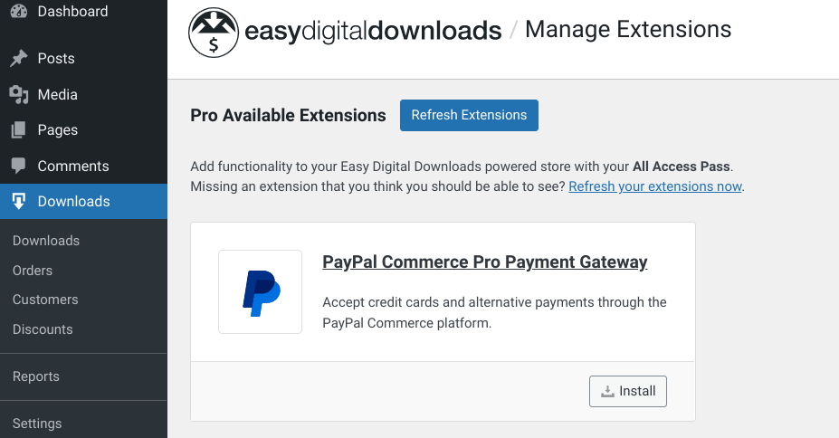 The option to install the PayPal Commerce Pro Payment Gateway extension in WordPress.