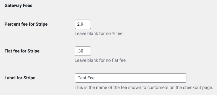 Settings for passing credit card fees to customers via Gateway Fees in WordPress.