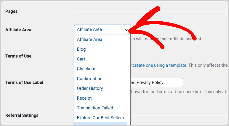 The Affiliate Area page settings in WordPress. 