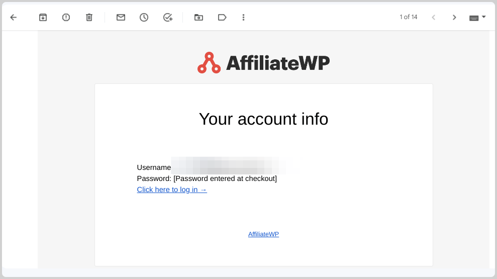 An AffiliateWP email with login credentials