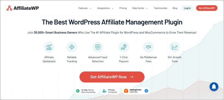 Website for AffiliateWP, one of the best affiliate marketing plugins for WordPress