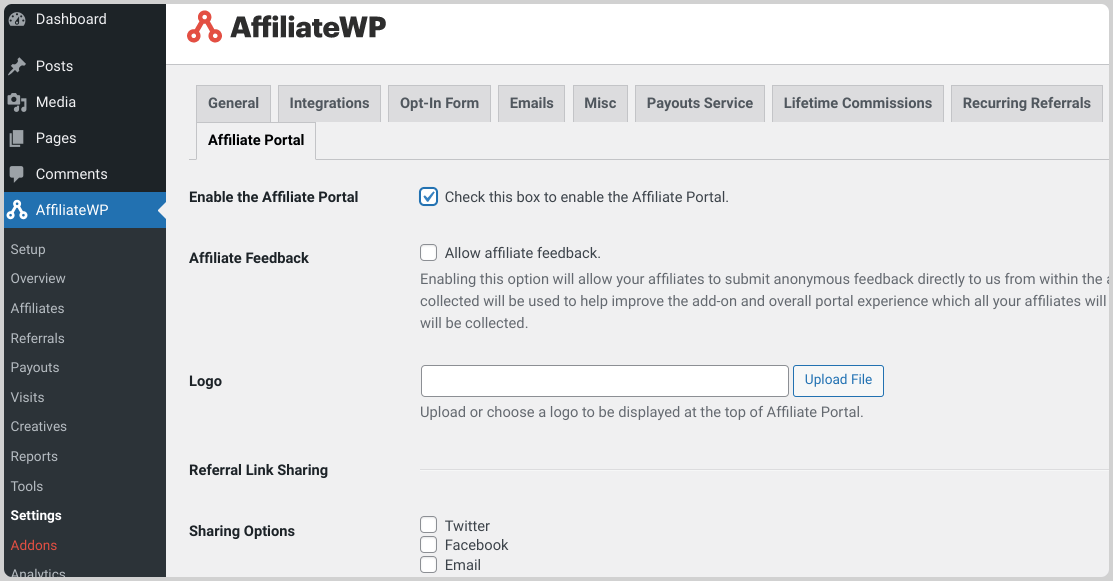 Activating the AffiliateWP Affiliate Portal addon in WordPress.