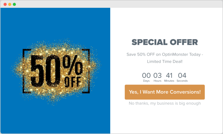 A limited-time offer for 50% off discount.