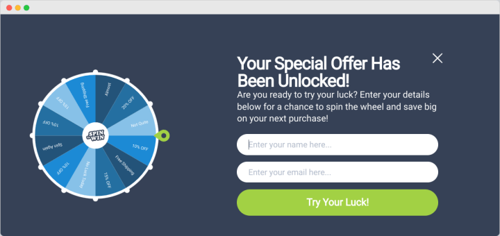 An exit intent popup that uses a Spin to Win gamification wheel. 