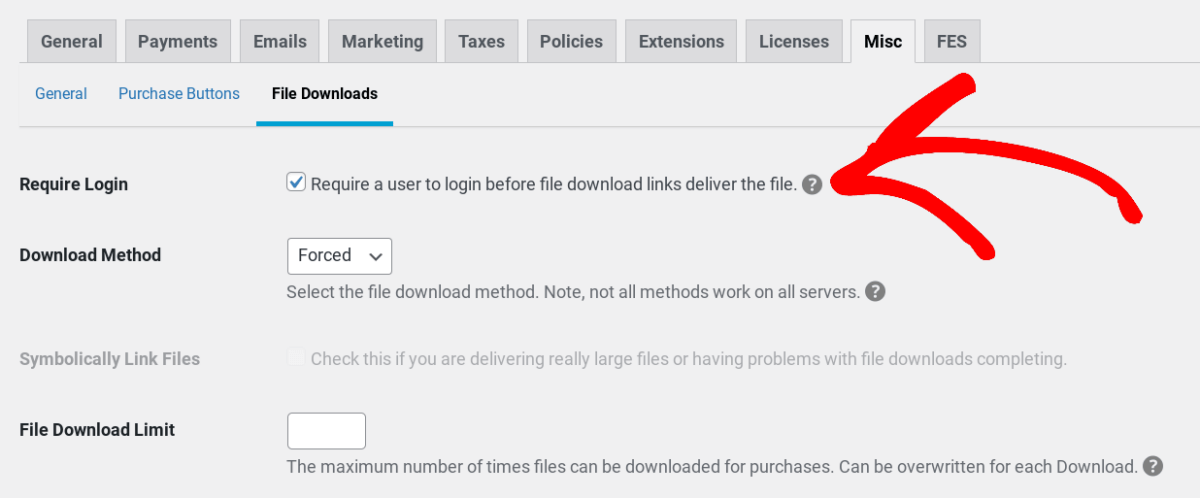 The setting to protect digital products in WordPress by requiring a login.