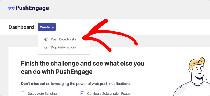 Creating a new push broadcast from PushEngage in WordPress.