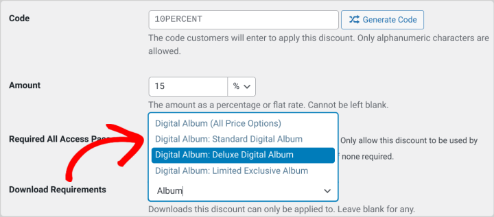 The EDD 3.2 Download Requirement options for adding discount to product variation. 