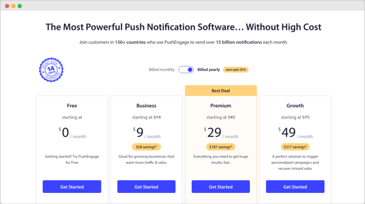 The PushEngage pricing page.