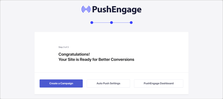 The PushEngage setup success message.