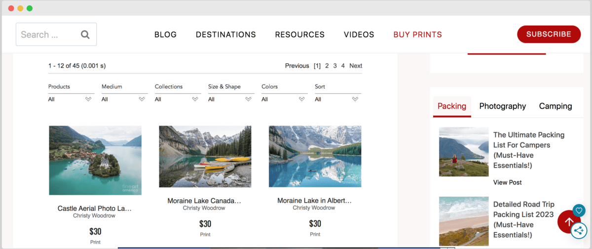 Selling photography prints on a travel blog.