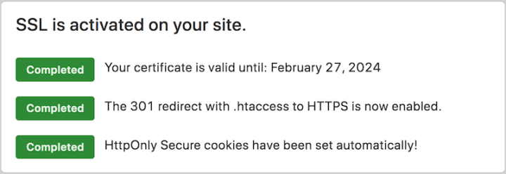 A success message following install of SSL Certificate and HTTPS in WordPress.