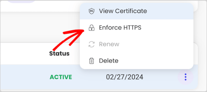 The option to enforce HTTPS for an SSL certificate.