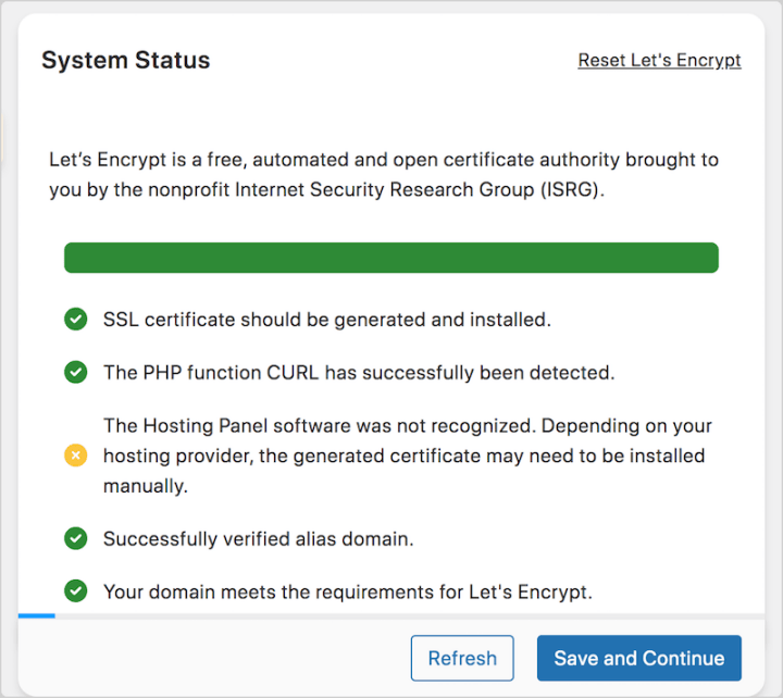 The Really Simple SSL plugin running a system status test in WordPress.