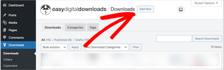 Adding a new digital download in WordPress via Easy Digital Downloads.
