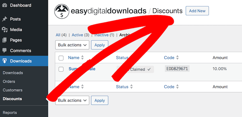 Adding a new discount in WordPress.