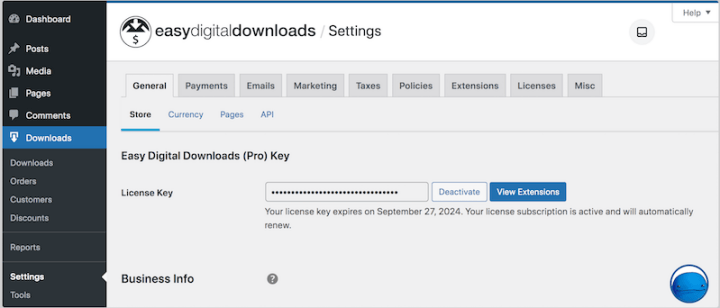 The Easy Digital Downloads settings.