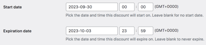 Start and end dates for limited-time offers in WordPress.
