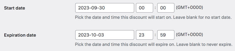 Start and end dates for limited-time offers in WordPress.