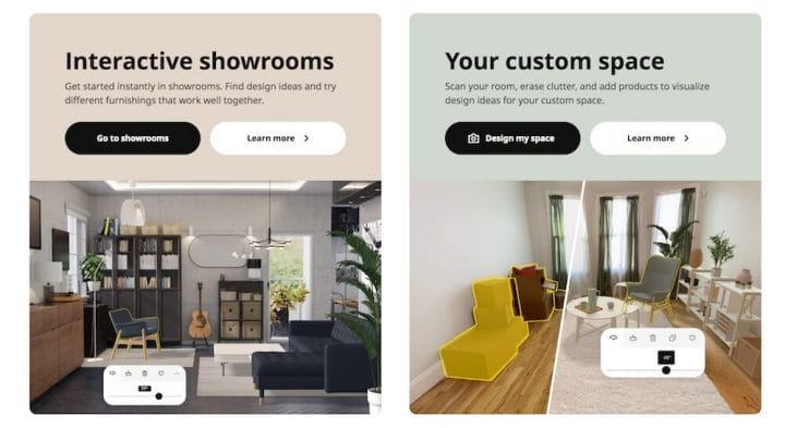 Examples of IKEA's virtual reality showrooms for e-commerce.