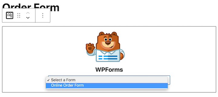 Adding an online order form in WordPress using WPForms block.