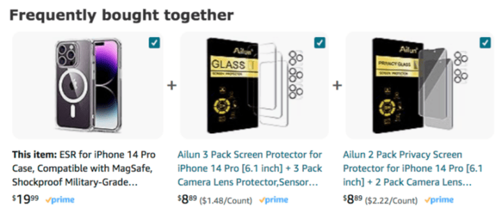 Example of cross-sells on Amazon of items frequently bought together.
