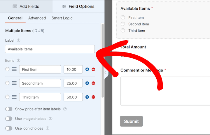 The available items section of an online order form in WPForms.