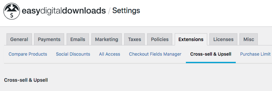 The Cross-sell and upsell extension settings.