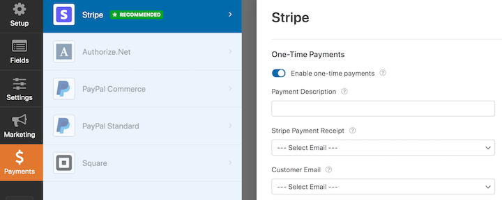Enabling Stripe payments in WPForms for online order forms.