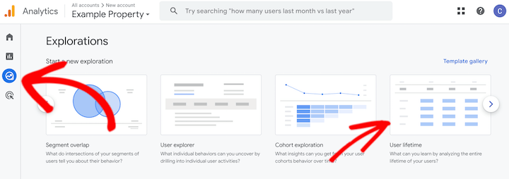 Google Analytics Explorations tab for creating customer lifetime value report.