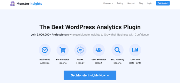 MonsterInsights WordPress plugin website for tracking eCommerce content performance.