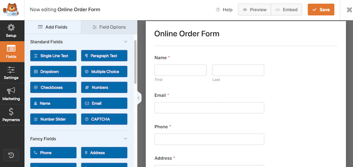 Building an online order form using WPForms editor.