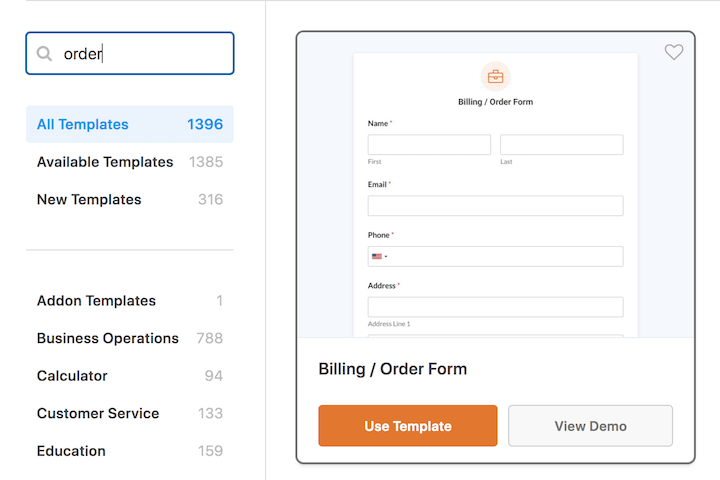 The Billing/Order form template in WPForms.