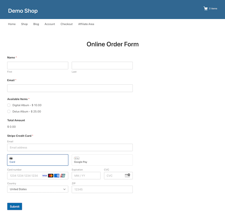 Preview of an online order form in WordPress.